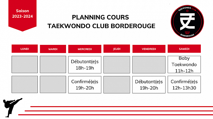 Planning horaires cours Taekwondo Club Borderouge